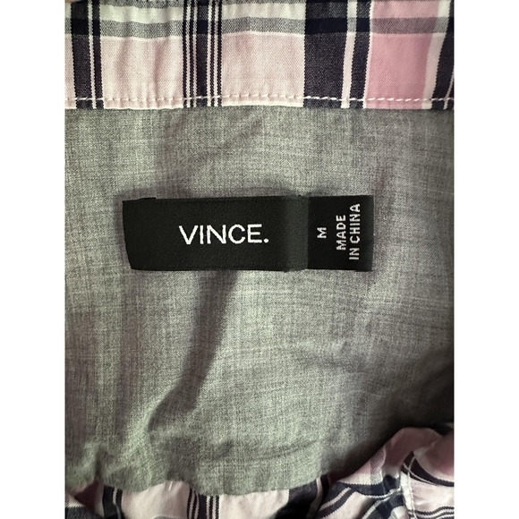 Vince Shirt Mens Medium Pink White Navy Plaid Short Sleeve Button Up Casual - Picture 3 of 7